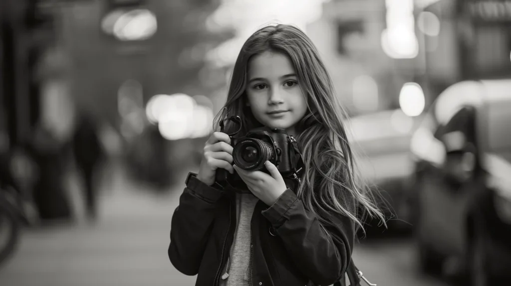 Black and whit photo. Young girl holding camera downtown Austin.